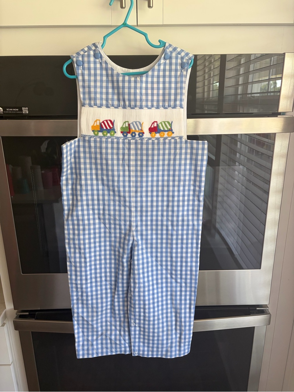 Little Boys Blue Gingham Smocked Overalls with Trucks